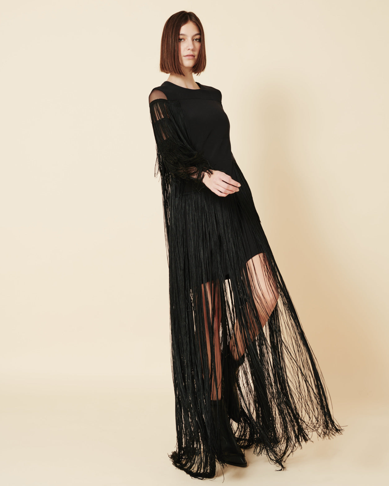 Long Silk Evening Dress with Fringes