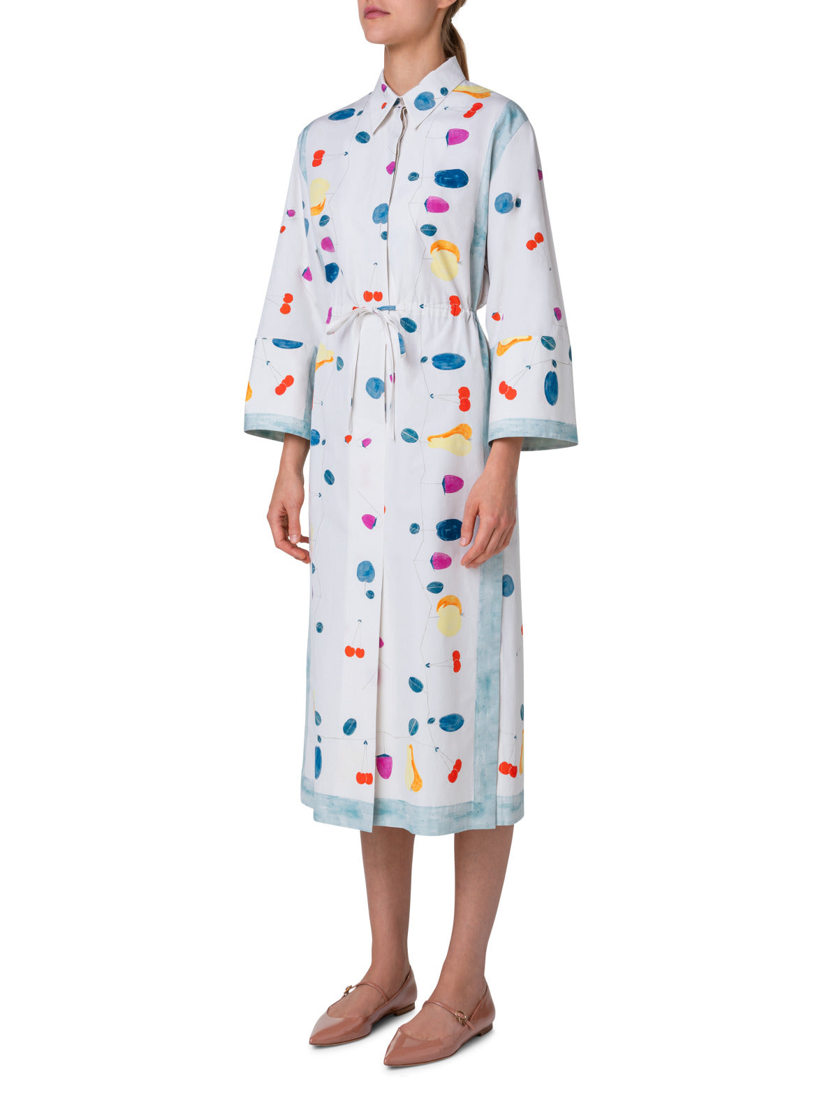 Cotton Midi Shirt Dress with Fruits Print