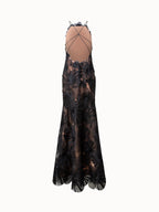 Long Evening Gown with Allover Poppy Embroidery